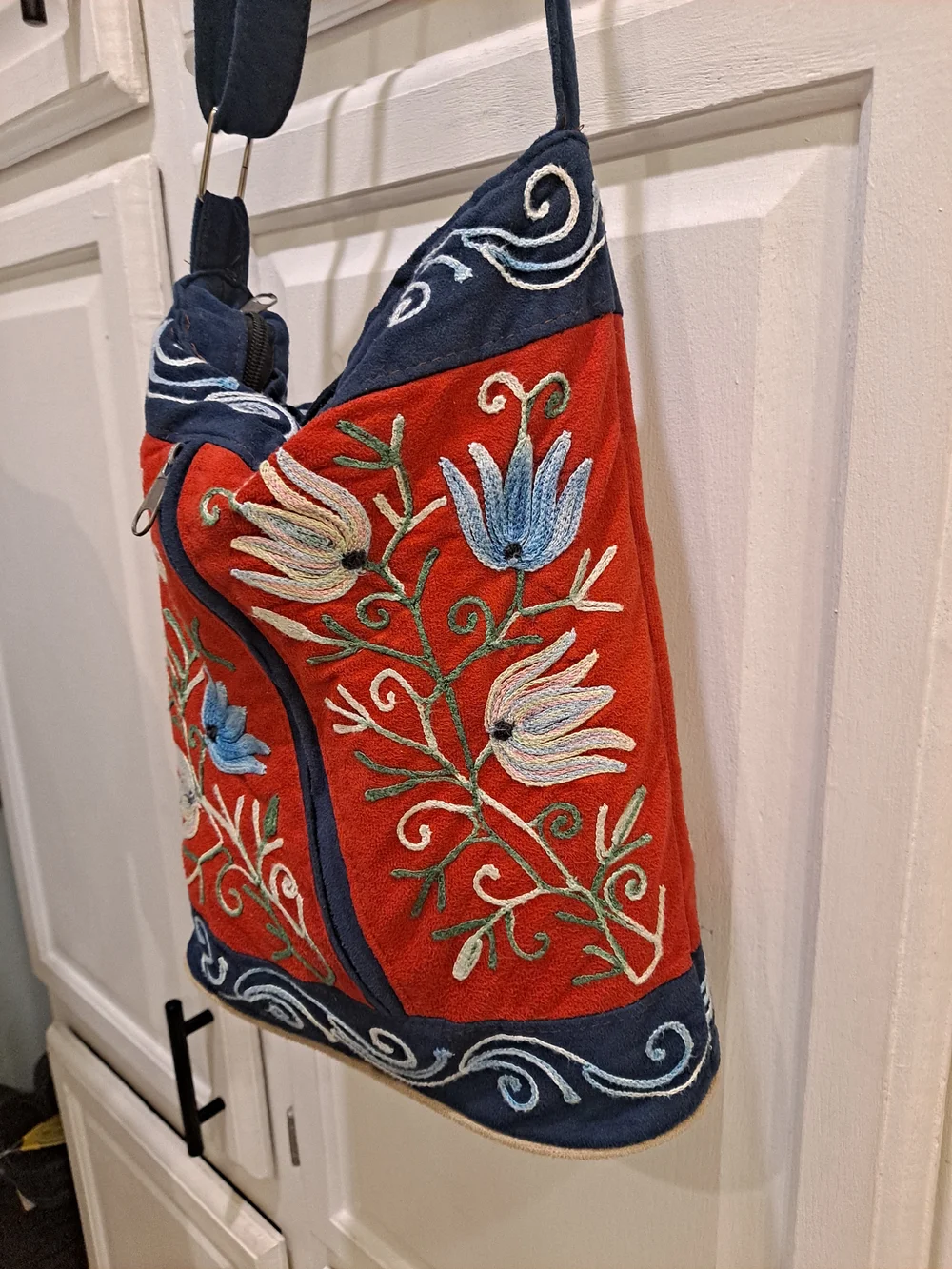 Artisan Nepal Vintage Embroidered Red Floral Shoulder Bag Navy Trim Suede-like